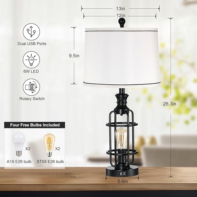 26.3”Table Lamps Set of 2 with USB Charging Ports,Farmhouse Bedside Nightstand Lamp with Rotary Switch,Rustic Reading Lamps Industrial Desk Lamps for Bedroom Living Room,Bulbs Included - Bloomnest