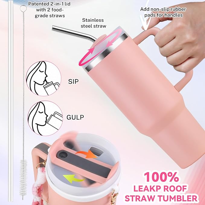 40 oz Tumbler Insulated Mug w/Straw & Flip Cap Lids - Cup Holder Bottle with 6 Accessories Set for Hot, Cold Drink - Leak-Proof - Water, Coffee Portable Travel Mug (Coral) - Bloomnest