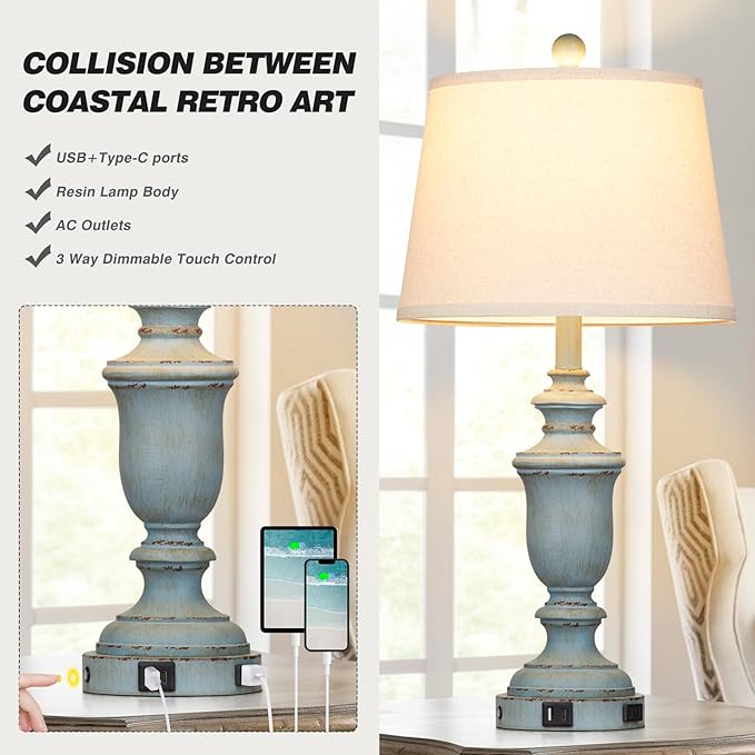 25.6" Coastal Table Lamps Set of 2 with USB C+A Ports & AC Outlet for Rustic Living Room Retro Bedroom,3-Way Dimmable Touch Lamp Bedside Lamps for Nightstand Side End Table,Retro Blue - Bloomnest