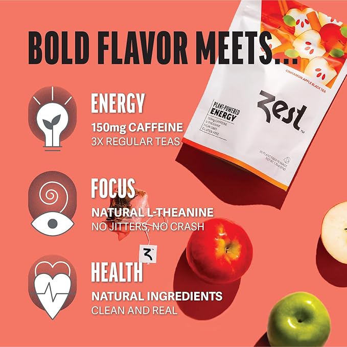 Zest Cinnamon Apple Spice Energy Tea – High Caffeine Black Tea Bags for Focus, Clarity & Morning Energy – Natural Non-GMO Caffeinated Breakfast Tea – Cozy Fall Focus Tea with 150mg Caf – 20Ct Pack - Bloomnest
