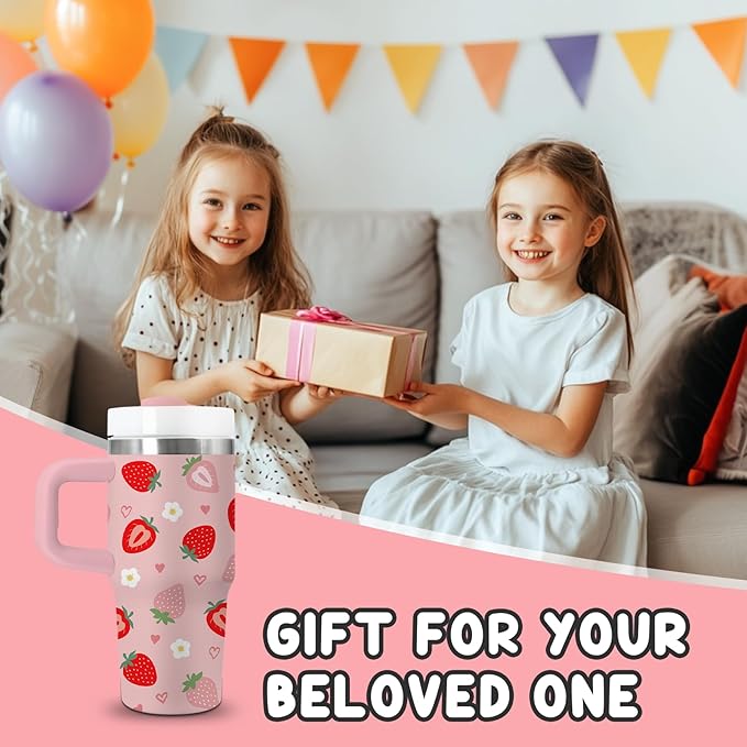 Strawberry Gifts for Girls - 14oz Cute Strawberry Kids Tumbler with Handle and Straw, Stainless Steel Insulated Water Cup, for School, Travel - Strawberries Themed Children Birthday Gifts Cups(1pc) - Bloomnest