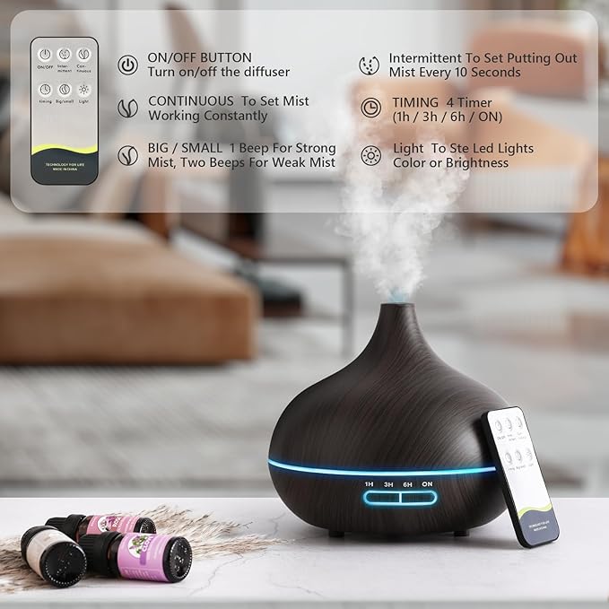 SACATR 550ml Oil Diffuser with 15x10mL Essential Oils, Ultrasonic Technology, Remote Control for Home Office - Bloomnest