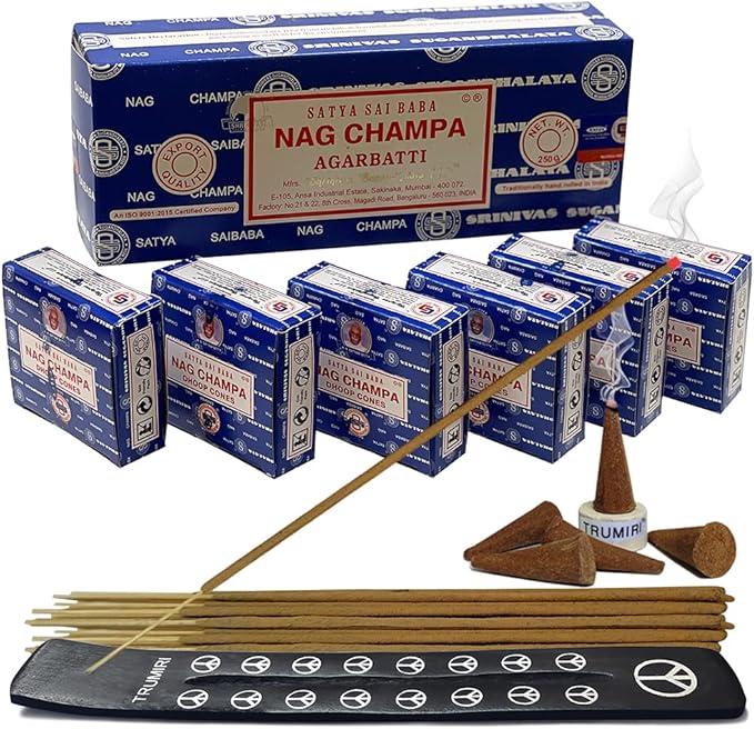 Nag Champa Incense Sticks 250g and Cones Variety Pack with Burner Holder Bundle from Satya Incense 250g Trumiri for Smudging and Aroma