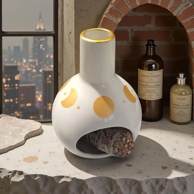 Handmade Ceramic Palo Santo Holder Burner & Sage Holder - Mini Tabletop Chiminea Burner Tray with Ash Catcher, Decorative Incense Holder for Spiritual Meditation & Yoga - Bloomnest