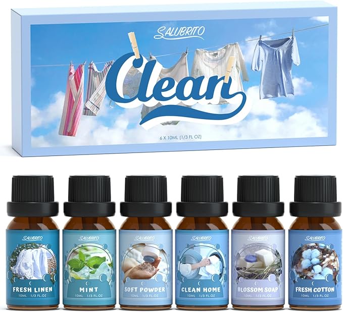SALUBRITO Clean Fragrance Oils Set, Premium Essential Oils Set for Diffuser, Candle, Soap Making, Fresh Cotton, Clean Home, Fresh Linen, Soft Powder, Blossom Soap, Mint, Strong Scented Oils - Bloomnest