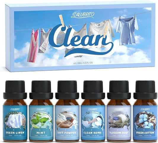 SALUBRITO Clean Fragrance Oils Set, Premium Essential Oils Set for Diffuser, Candle, Soap Making, Fresh Cotton, Clean Home, Fresh Linen, Soft Powder, Blossom Soap, Mint, Strong Scented Oils - Bloomnest