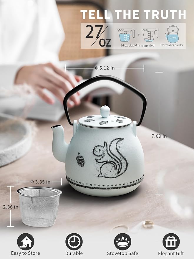 Toptier Teapot with Removable Infuser, Cast Iron Tea Kettle Stovetop Safe, Squirrel Design Tea Pot Coated with Enameled Interior for 32 Ounce (950 ml), Light Blue - Bloomnest