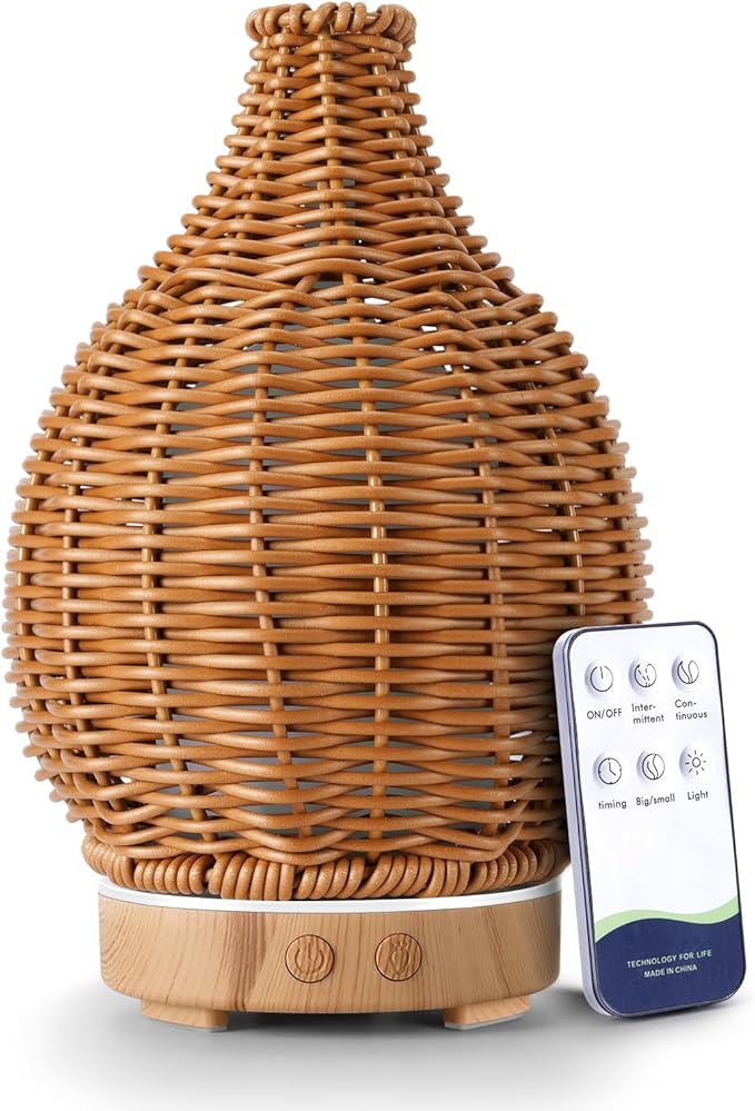 Boho Essential Oil Diffuser for Home Rattan Weaving with Remote Control, 100mL 7 Changing Color Lights Ultrasonic Aroma Humidifier, Noiseless Auto-Off Sleep Mode for Bedroom Office Workout - Bloomnest