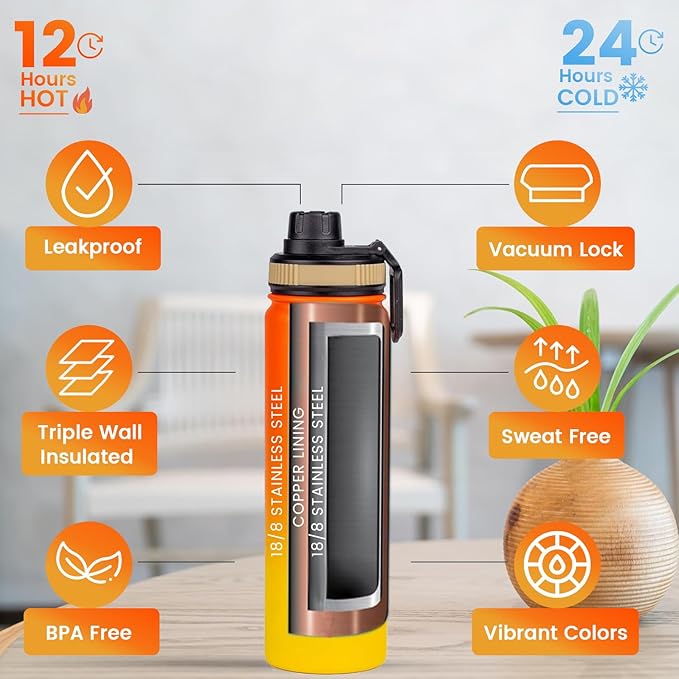 Lexlion Tea Infuser Water Bottle 22 Oz – Triple Wall Insulated Stainless Steel, Loose Leaf & Fruit Strainer, 3 Leakproof Lids, BPA-Free Silicone Sleeve, Reusable Thermal Mug - Bloomnest