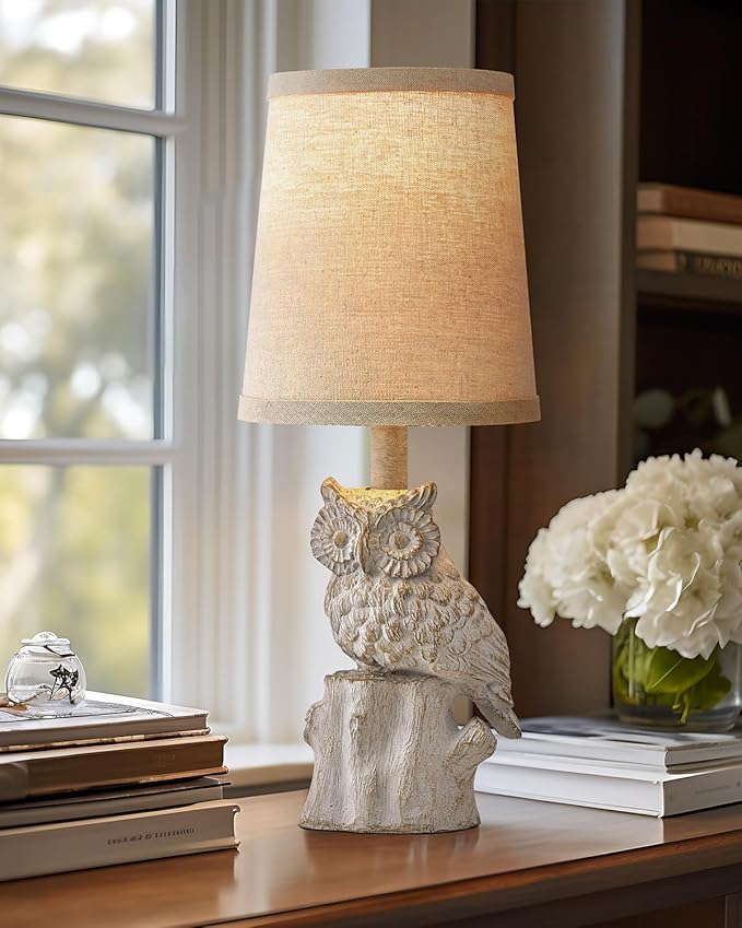 14.25" Small Table Lamp for Living Room Farmhouse Bedside Resin Single Lamp with White Owl Lamp Shape for Bedroom Retro Rustic Nightstand Lamp - Bloomnest