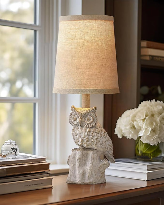 14.25" Small Table Lamp for Living Room Farmhouse Bedside Resin Single Lamp with White Owl Lamp Shape for Bedroom Retro Rustic Nightstand Lamp - Bloomnest