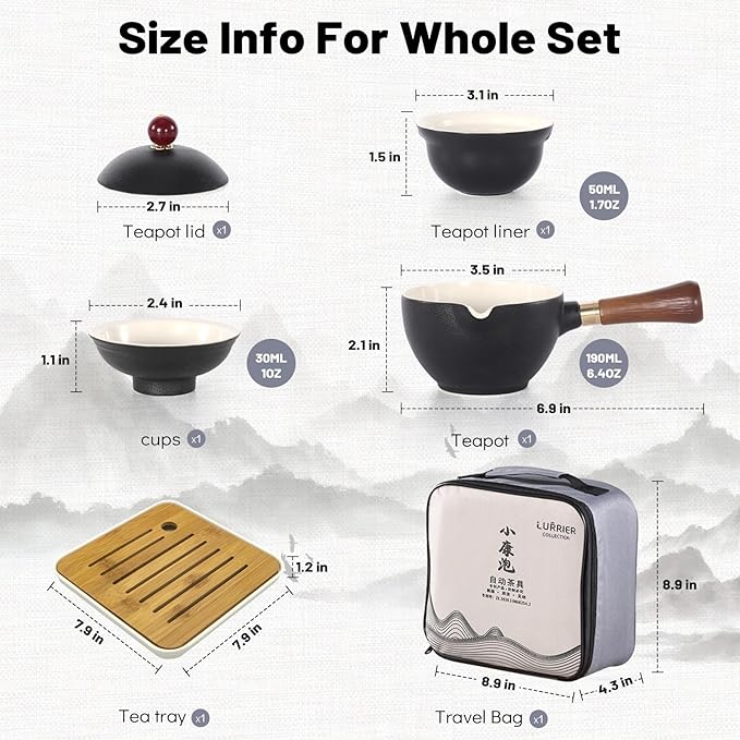 LURRIER Porcelain Chinese Gongfu Tea Set,Portable Teapot Set with 360 Rotation Tea maker and Infuser,Portable All in One Gift Bag for Travel,Home,Gifting,Outdoor and Office (Black)