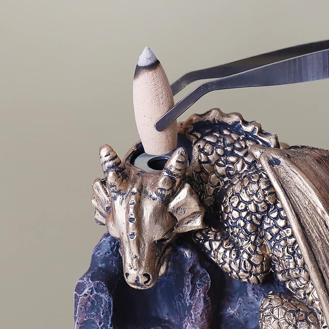 Dragon Backflow Incense Holder Waterfall Incense Burner, with 100 Backflow Incense Cones,1 Mat,1 Tweezers，Aromatherapy Ornamental for Home Office Yoga （Golden Dragon） - Bloomnest