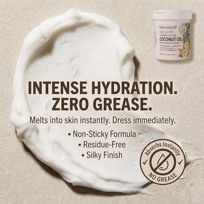 NATURE WELL Hydrate & Soften Coconut Oil Moisturizing Cream for Face, Body, & Hands, Non-Greasy, Intense Hydration & Luxurious Feel, Revives Dry & Sensitive Skin, Superfood for Your Skin, 16 Oz