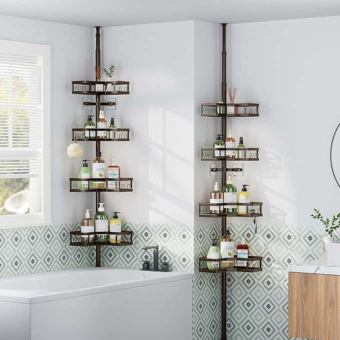 HEVEL Corner Shower Caddy Tension Pole, 4 Tier Adjustable Shower Organizer Corner 62-115 Inch, Rustproof Bathroom Shower Shelves for Bathtub Storage,Bronze - Bloomnest