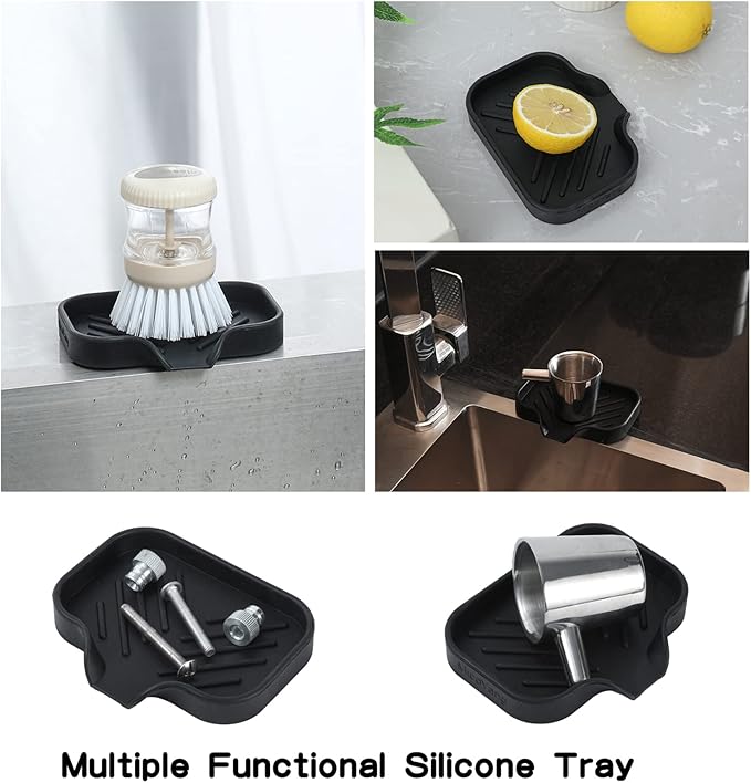 Silicone Bathroom Soap Dishes with Drain Spout-Bathroom and Kitchen Sink Organizer,Sponge Holder,Dish Soap Tray,Perfect for Dispenser,Scrubber,Bottle,Cup on Sink or Counter-Black 4.9"×3.2" - Bloomnest