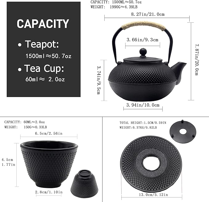 Big Cast Iron Teapot, Japanese Tetsubin Tea Kettle for Stovetop Safe, Cast Iron Teapot with Stainless Steel Infuser for Loose Tea and a Fully Enameled Interior (1500ml Tea Set with Cups) - Bloomnest