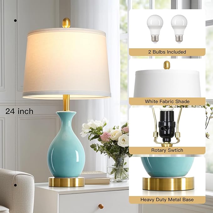 24" Bedroom Table Lamps Set of 2, Modern Classic Ceramic Lamps for Living Room, Small Bedside Table Lamp for Nightstand or End Table, Aqua Blue (2 LED Bulbs Included) - Bloomnest