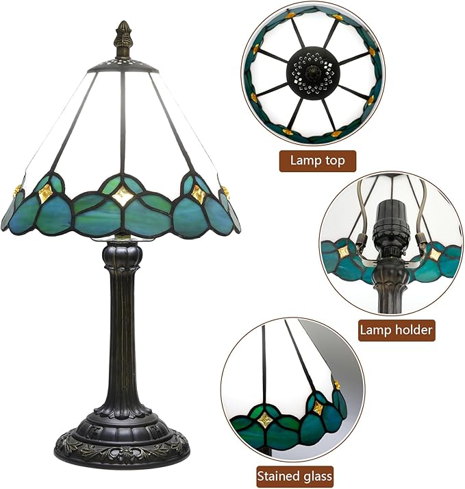 White Tiffany Lamp Small Bedside Dector Light Vintage Stained Glass Table Lamp Living Room Night Lamp Farmhouse Cute Blue Green Butterfly Wings Style Bedroom Nightstand Desk Lamps 8 Inch Mini Gift - Bloomnest