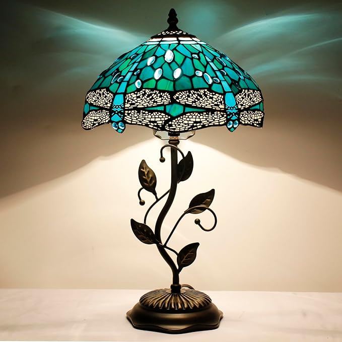 Tiffany Lamp Table Lamp Stained Glass Desk Lamps 12X12X19 Inches Reading Light Decor Bedroom Living Room (Green Blue Dragonfly Style) - Bloomnest