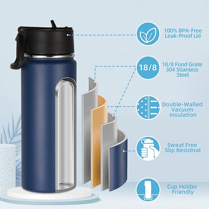 Volhoply 16 OZ Kids Water Bottle Bulk 8 Pack,Insulated Sports Bottles with Straw Lid,Stainless Steel Bottle with Handle Keep Cold & Hot,Double Wall Vacuum Tumbler Cups for School,Girls(Navy, 8) - Bloomnest