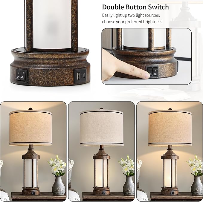 25'' Table Lamp for Living Room Bedroom Farmhouse Metal Lamps with 2 USB Ports, Built-in Frosted Glass Night Light Vintage Industrial Nightstand Bedside End Lamp, 2 Bulbs Included, Bronze - Bloomnest