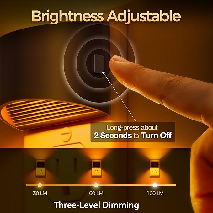 DORESshop LED Night Light[2 Pack], Night Lights Plug into Wall, 3 Level Brightness Adjustable Plug in Night Light, Dusk to Dawn Sensor, Nightlights for Adults, Bedroom, Bathroom, Hallway, Amber - Bloomnest