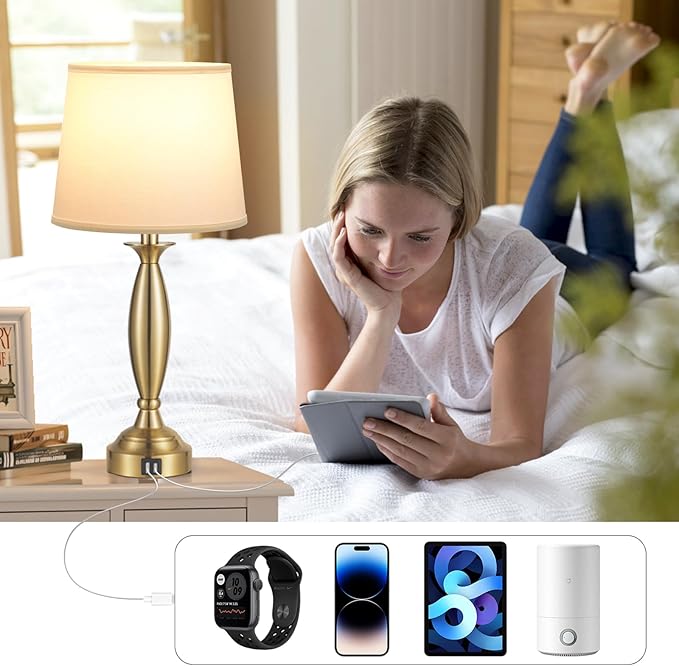 White Gold Lamps for Bedrooms Set of 2 - Touch Control Bedside Lamp with USB C+A, 3 Way Dimmable Nightstand Lamps with USB Port, Table Lamp for Living Room(White Shade and Gold Base) - Bloomnest