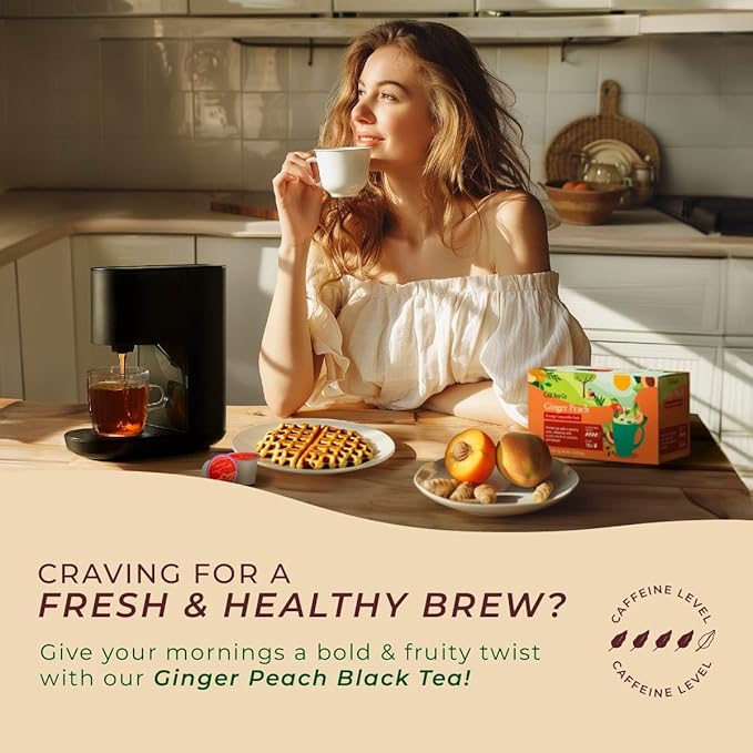 Gya Tea Co Caffeinated Ginger Peach Black Tea Pod (16 Count) - Smooth, Flavourful, Robust, Enjoy Hot or Iced - Bloomnest