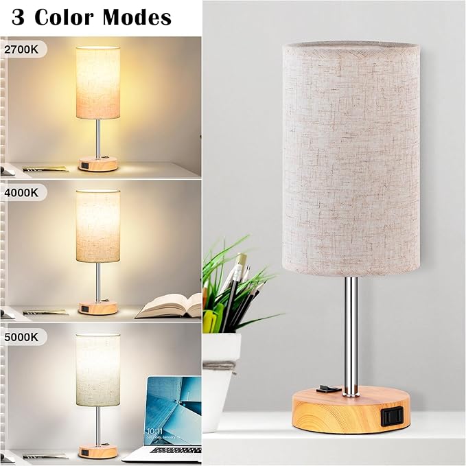 ZJOJO Table Lamp for Bedroom Set of 2, Bedside Small Lamps with 3 Way Dimmable Rocker Switch & AC Outlet, Nightstand Desk Lamp with Flaxen Fabric Shade Woodgrain Base for Living Room Home Decor Lights - Bloomnest