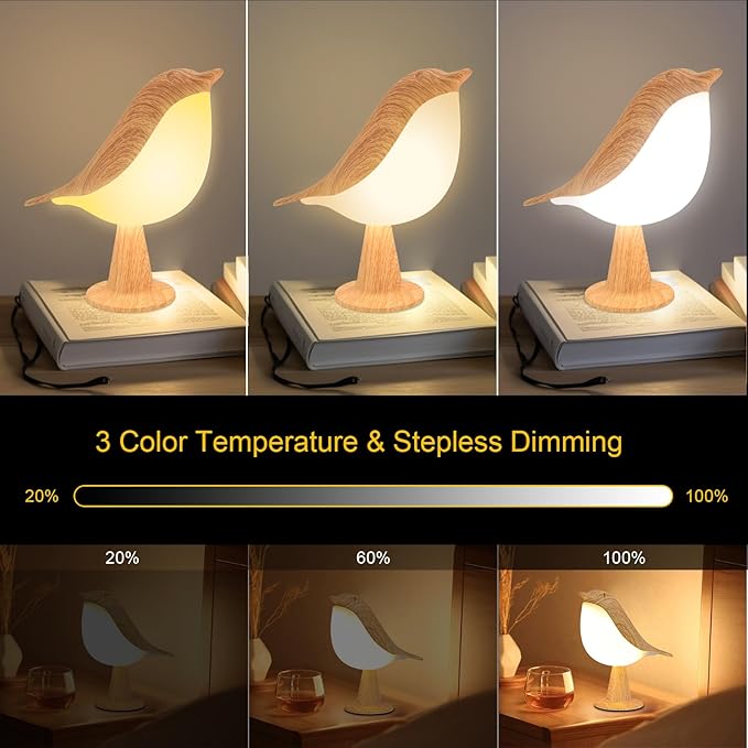 2 Pack Bird Small Desk Lamp, 2600 mAh Dimmer Kids Night Light for Bedroom, Cordless Table Lamp with 3 Color Temperature and Touch Sensor, Rechargeable Bedside lamp, Hummingbird Lamp - Bloomnest