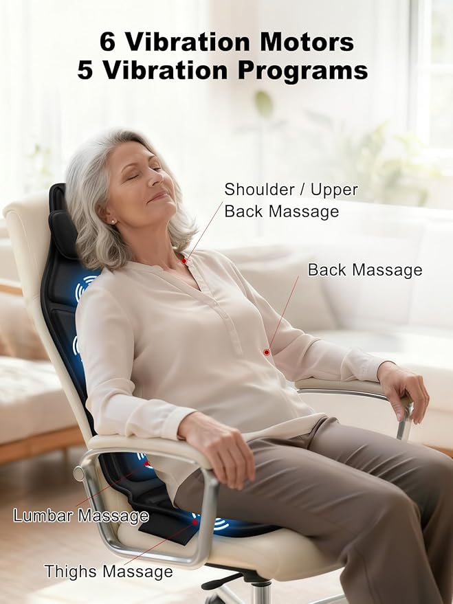 Back Massager with Heat, Massage Chair Pad for Recliner with 2 Heating Levels & 6 Vibration, Seat Cushion for Seniors, Office Workers & Family, Fatigue & Pain Relief in Office, Home & Travel - Bloomnest