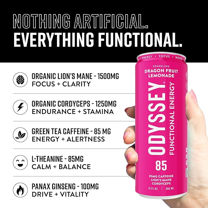 Odyssey Functional Energy Drink for Focus, Cognition & Mood Support 12 Pack - Adaptogenic Drink with 85mg Green Tea Caffeine, Lion’s Mane, Cordyceps, L-Theanine & Ginseng, Variety Pack - Bloomnest