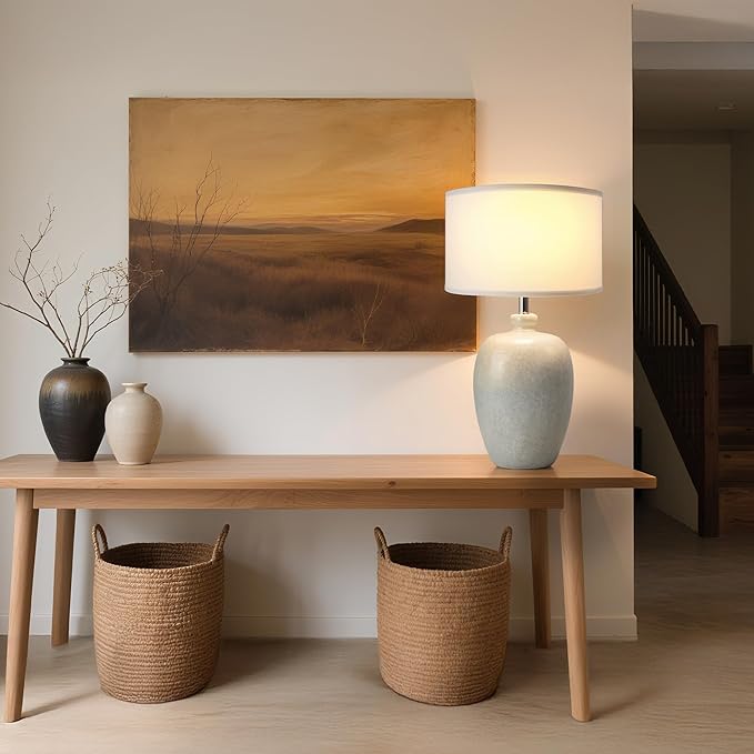 WJShome 27" Farmhouse Ceramic Table Lamp with Unique Ice Pattern Effect and White Linen Shade - Perfect for Bedroom, Living Room, Dining, and Office! (Bulb Not Included) - Bloomnest