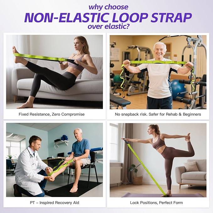 ROSAPOAR Stretching Strap with Loops - Non Elastic Yoga Straps for Physical Therapy, Durable Stretch Bands for Exercise, Flexibility Training, Hamstring & Leg Stretcher, Yoga/Pilates/Gymnastics - Bloomnest