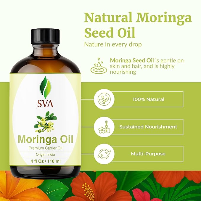 SVA Moringa Seed Oil - 4 Fl Oz – 100% Natural Cold Pressed Moringa Oil - for Face, Skin Care, Hair Care, Scalp Massage & Body Massage – Carrier Oil with Dropper - Bloomnest
