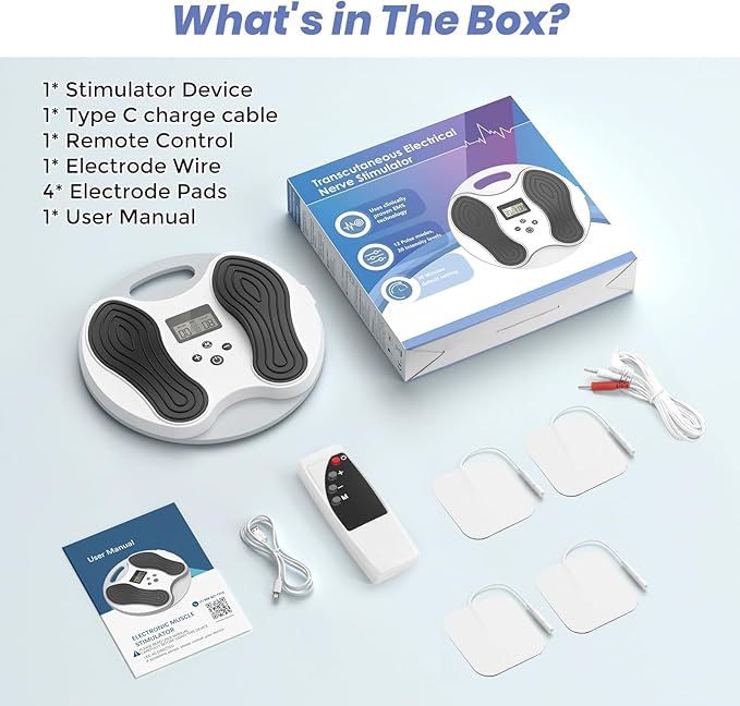 EMS Foot Massager for Neuropathy Relief, TENS Foot Nerve Circulation Stimulator for Pain Relief, Muscle Stimulator with 4 Body Pads, Relieves Swelling, Cramps, Plantar Fasciitis - Bloomnest