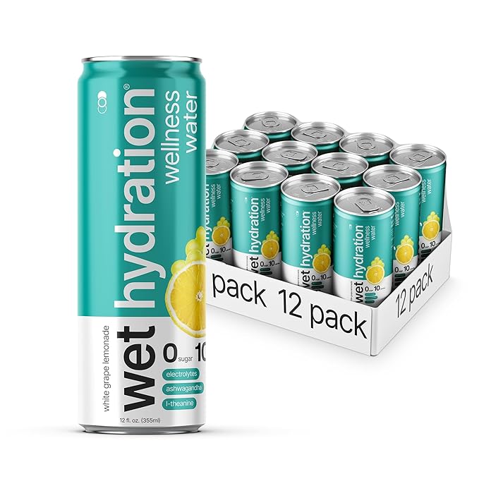 Wet Hydration Wellness Water | Electrolyte Drink with Ashwagandha & L-Theanine – White Grape Lemonade (12oz Cans, Pack of 12) | Zero Sugar, 10 Calories, Zero Bubbles, Functional Hydration - Bloomnest