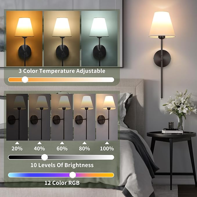 Battery Operated Wall Sconce Set of 2,15 Colors Wireless Wall Light With Dimmable Remote Control Last 18-50 Hours,Black Rechargeable Wall Lamp With White Fabric Shade For Living Room Bedroom Hallway - Bloomnest