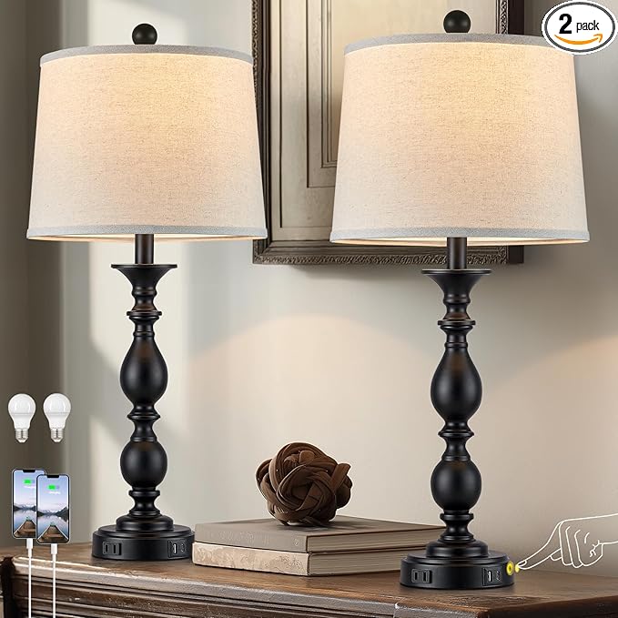 28" Tall Modern Table Lamps Set of 2 with USB C+A Ports and AC Outlet, 3 Way Touch Metal Bedside Lamps for Living Room, Black Farmhouse Nightstand Lamps for Bedroom - Bloomnest