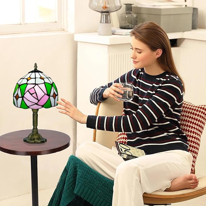 Pink Rose Tiffany Lamp, 8 Inch Small Stained Glass Lamp for Bedside, Bedroom, Living Room - Bloomnest