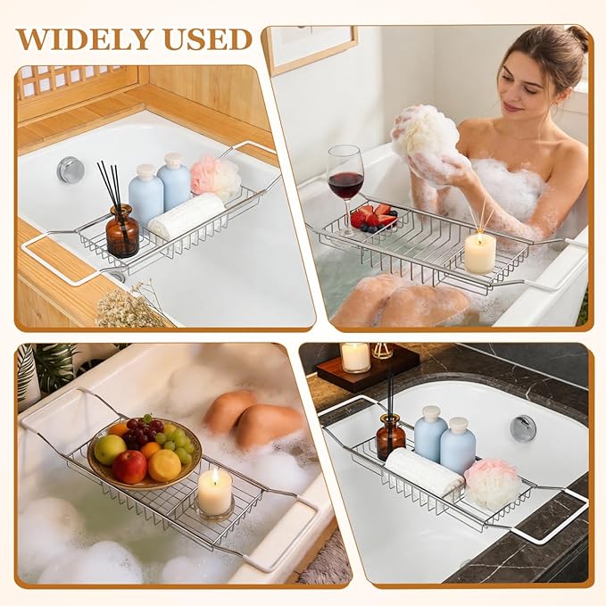 Cabilock Bathtub Tray - Stainless Steel Bathtub Caddy, Expandable Extra Wide Bath Tub Organizer, Rust-Resistant Over The Tub Shelf Rack with Non-Slip Grips for Phone Book Wine Glass, Silver - Bloomnest