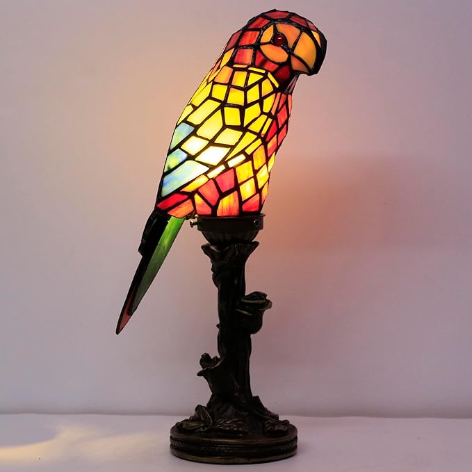 Small Tiffany Lamp Parrot Table Lamp Stained Glass Accent Lamp 15.3 Inch Tall Mini Desk Bedside Night Light for Kids Bedroom (Red) - Bloomnest