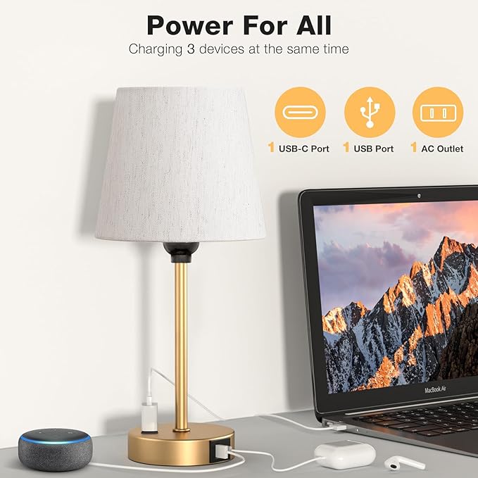 Acaxin Lamp for bedrooms Set of 2 - Nightstand Bedroom Lamp with USB C Port and AC Outlet Charging, 3 Way Dimmable Touch Control Bed Side Table Lamp, Small Night Stand Light for Kids/Guest Room - Bloomnest