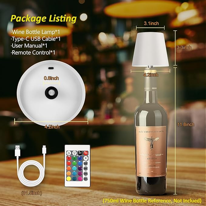 2025 New Wireless Bottle Lamp - LED Bottle Lights for Liquor & Wine Bottles, Cordless Lampshade, Whiskey Bottle Top Light, Bottle Stopper Night Light Kit, Rechargeable RGB Remote & Touch-Dimmable - Bloomnest