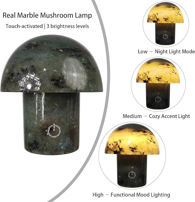 Handcrafted Onyx Mushroom Lamp - 4.3" x 4.7" Natural Marble Stone Night Light with 3-Level Brightness, Rechargeable Touch LED Accent Light for Bedroom, Office, Gift - Bloomnest