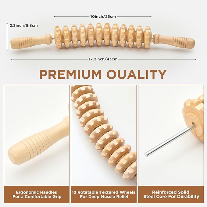 Wooden Cellulite Massage Roller for Legs and Thighs - Handheld Fascia Blaster Tool for Muscle Relief, Lymphatic Drainage & Body Sculpting - Anti Cellulite Massager for Women and Men (12 Wheel) - Bloomnest