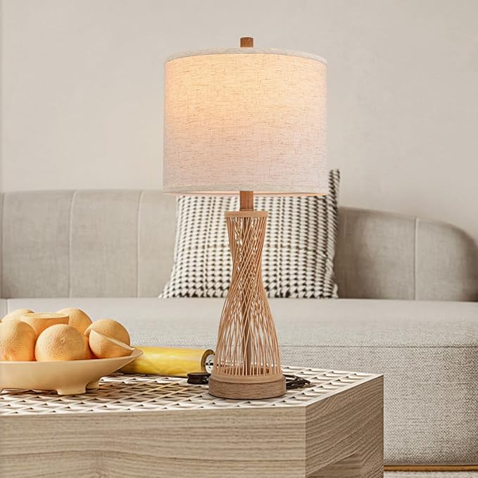 Lamps for Bedroom Wooden Bamboo Strip Table Lamp Farmhouse Bedside Lamps Set of 2 Wood Table Lamp Desk Light Bedroom Lights Bedside Lamps Set of 2,Linen Shade, 25.5 in - Bloomnest