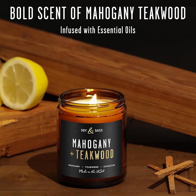 Mahogany Teakwood Candles I Scented Black Candles for Men or Women - Rich Mahogany, Teakwood & Geranium Soy Wax Mens Candle - Infused w/Essential Oils I 50Hr Burn, 9oz I Non Toxic I Made in USA - Bloomnest