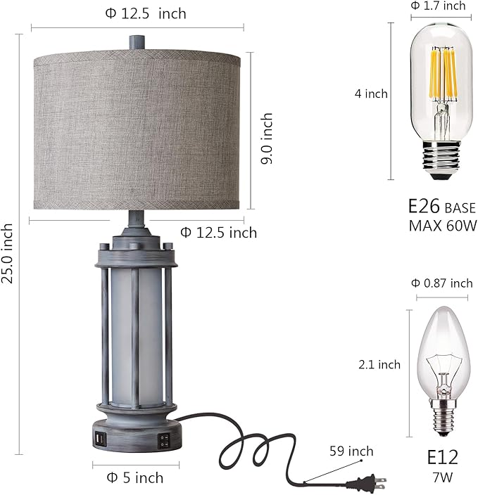Rustic Table Lamp for Bedroom Living Room with 2 USB Ports, Farmhouse Vintage Nightstand Lamp 25'' with Light Green Glass Nightlight, Antique Retro Desk Lamp for Entryway, 2 Bulbs Included - Bloomnest